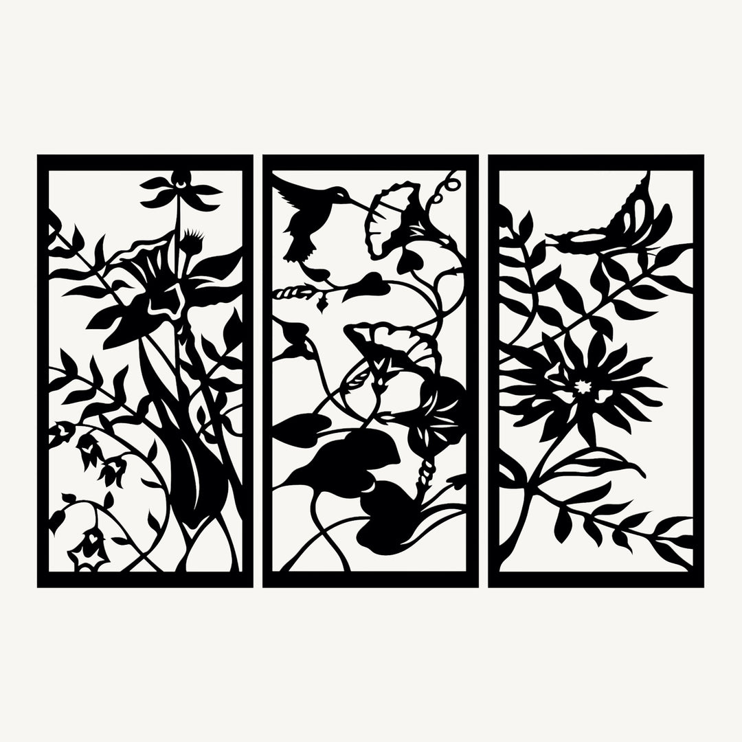 Wanddecoratie Bloemen 3-delig – zwart RAL 9005, 9 mm populieren multiplex