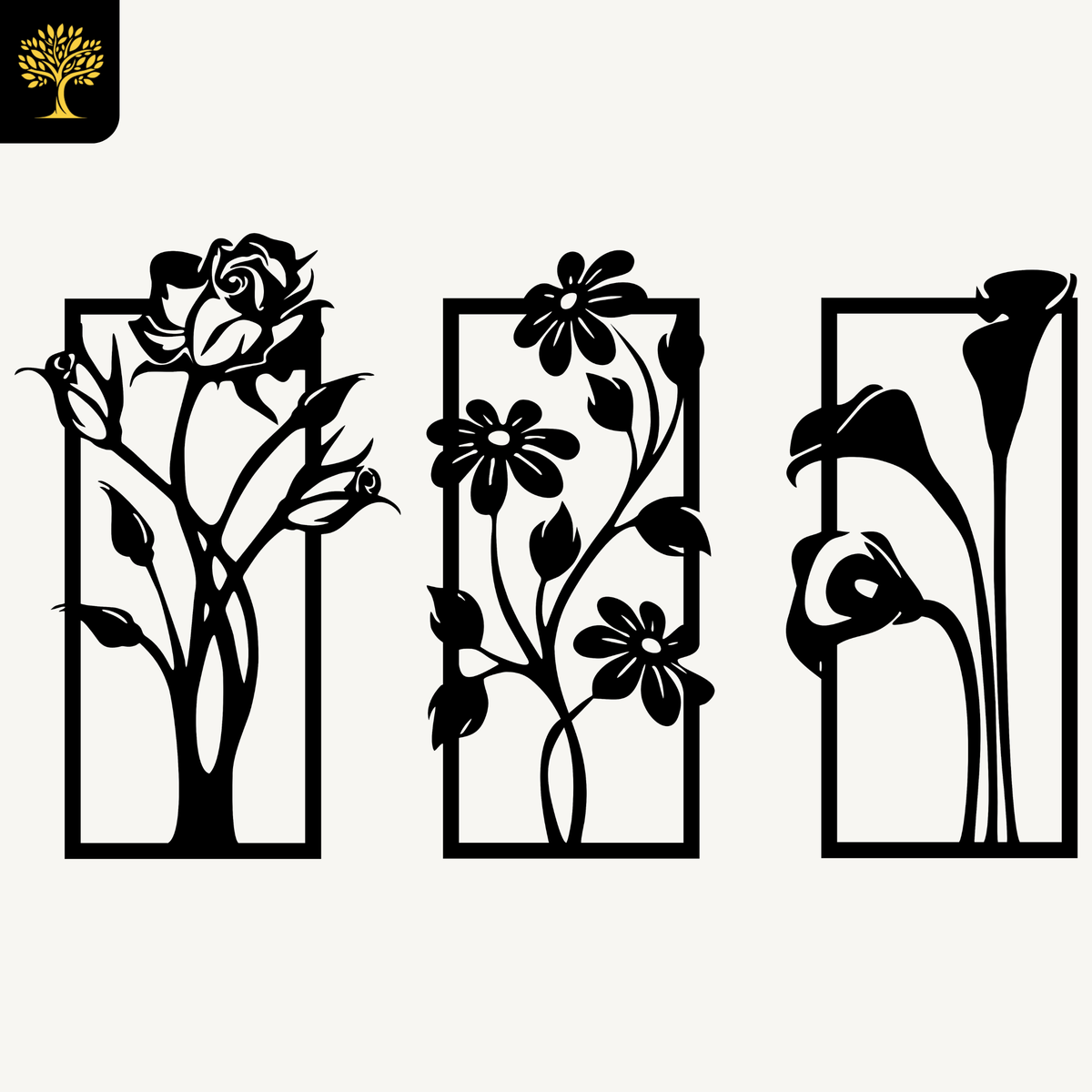 Bloemen 3-delig, houten wanddecoratie met bloemen
