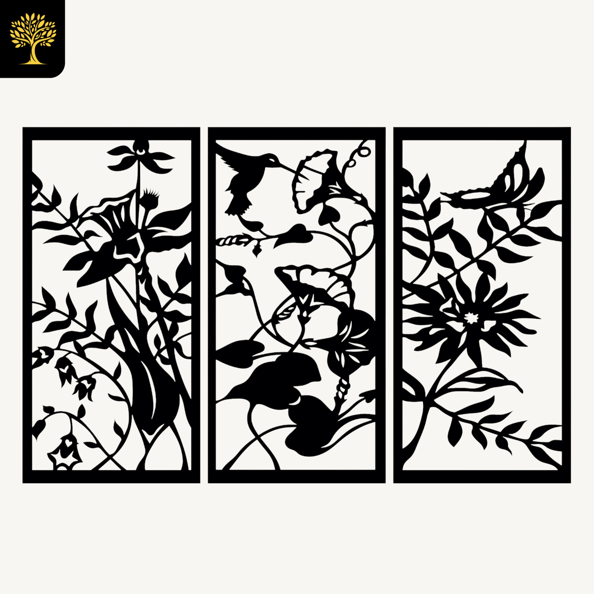 Bloemen & Kolibrie 3-delig, houten wanddecoratie met bloemen, vlinder en kolibrie