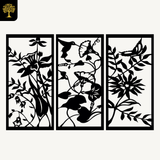 Bloemen & Kolibrie 3-delig, houten wanddecoratie met bloemen, vlinder en kolibrie