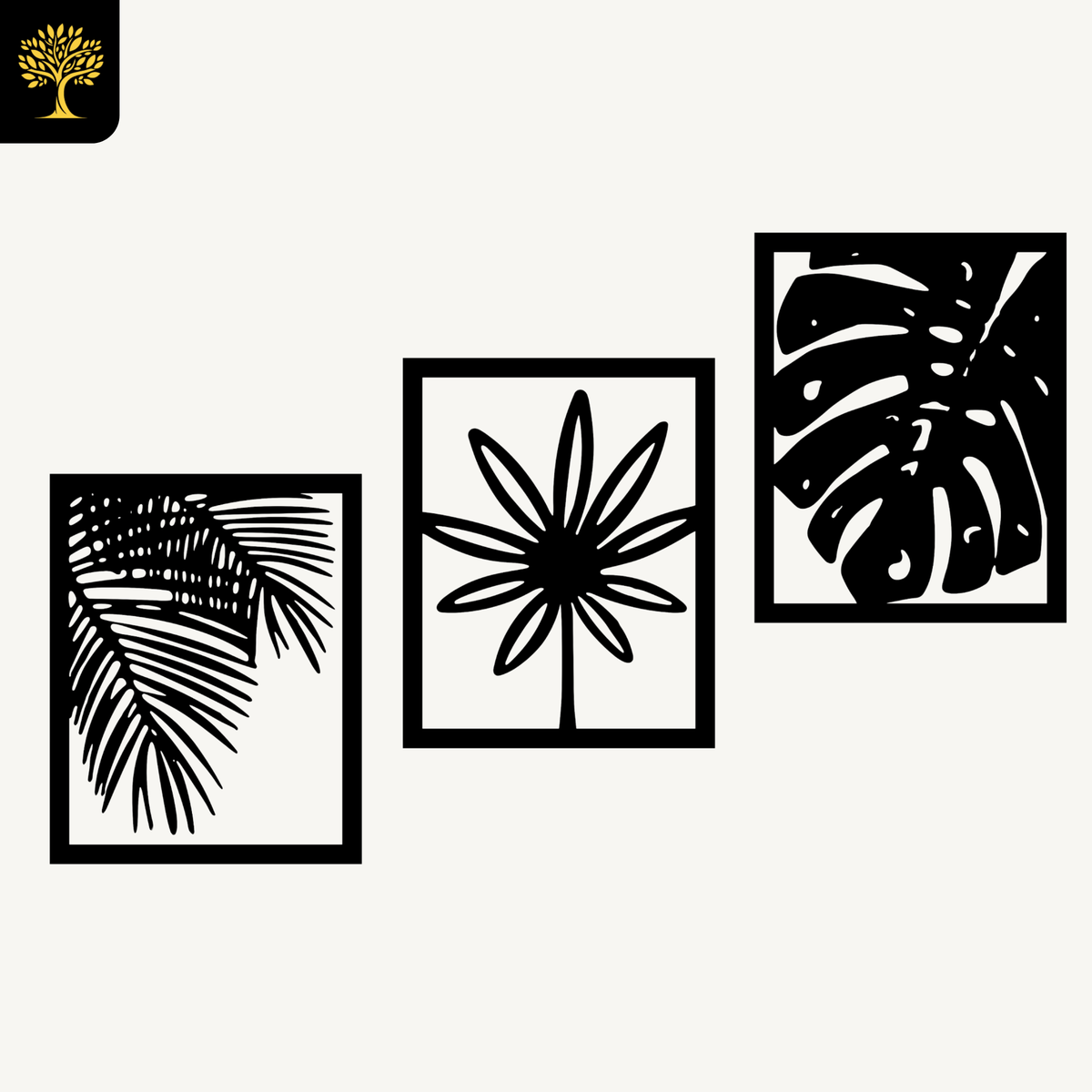 Tropische Planten 3-delig, houten wanddecoratie met palm, bloem en monstera