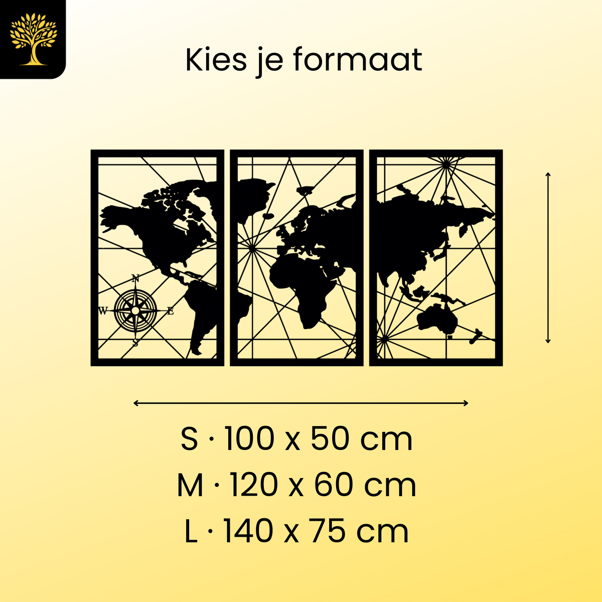 Wereldkaart 3-delig, houten wanddecoratie met wereldkaart en kompasroos