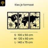 Wereldkaart 3-delig, houten wanddecoratie met wereldkaart en kompasroos