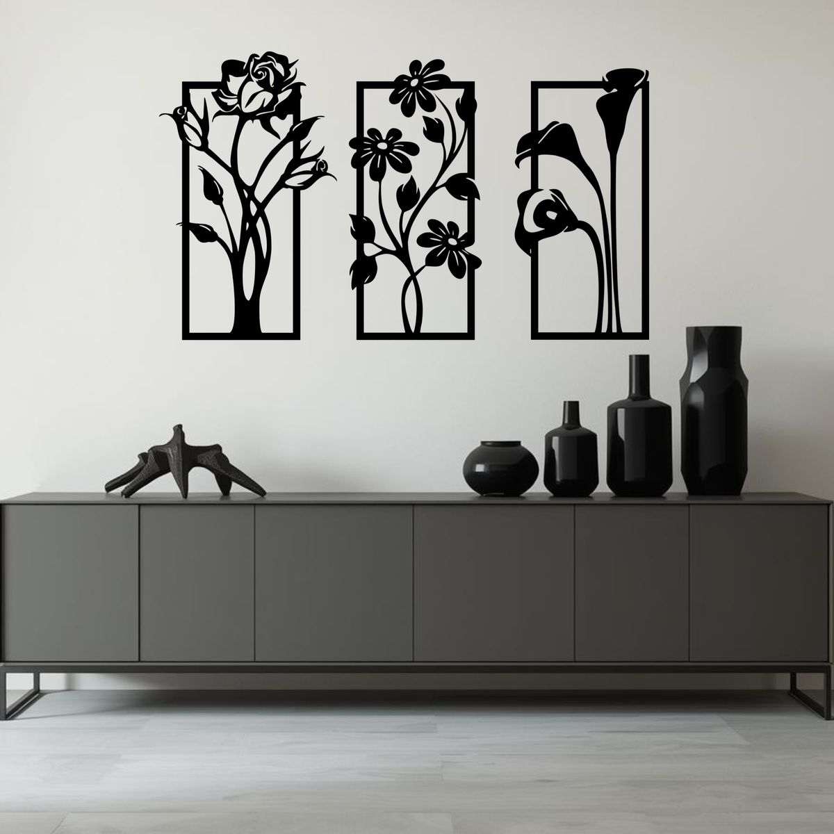 Bloemen 3-delig, houten wanddecoratie met bloemen