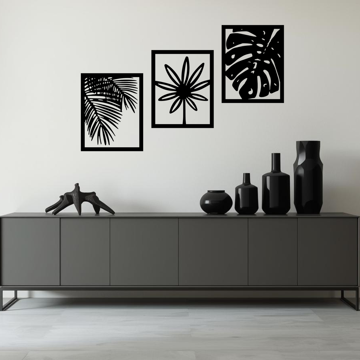 Tropische Planten 3-delig, houten wanddecoratie met palm, bloem en monstera