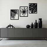 Tropische Planten 3-delig, houten wanddecoratie met palm, bloem en monstera