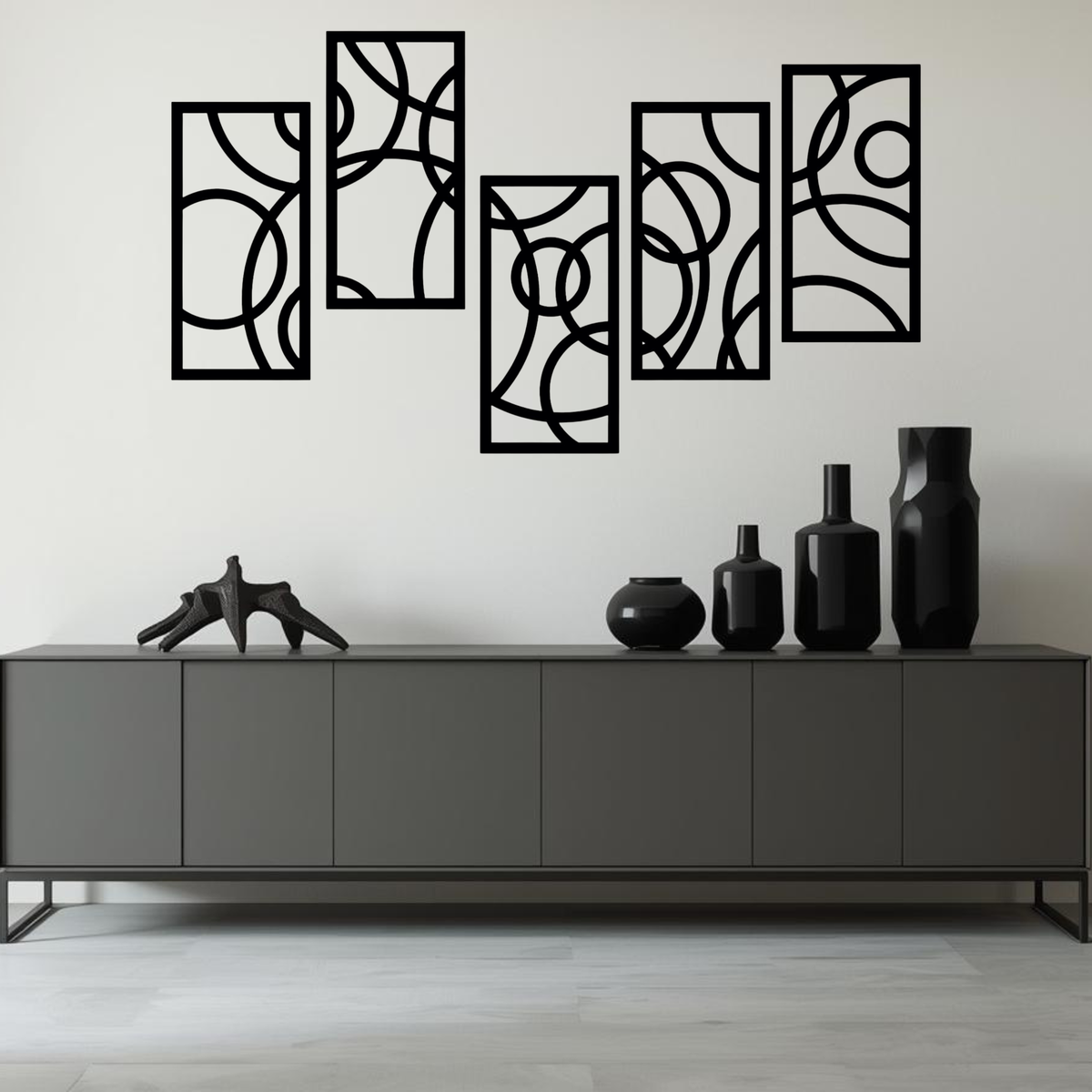 Cirkels 5-delig, geometrische houten wanddecoratie met cirkels