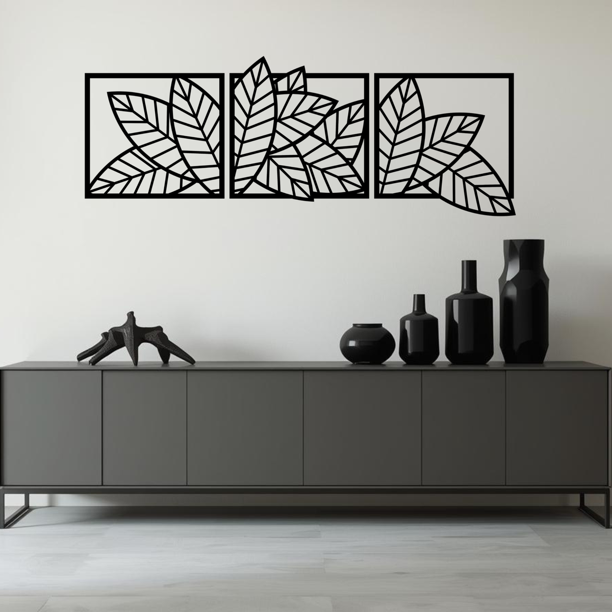 Geometrische Bladeren 3-delig, houten wanddecoratie met geometrische bladeren