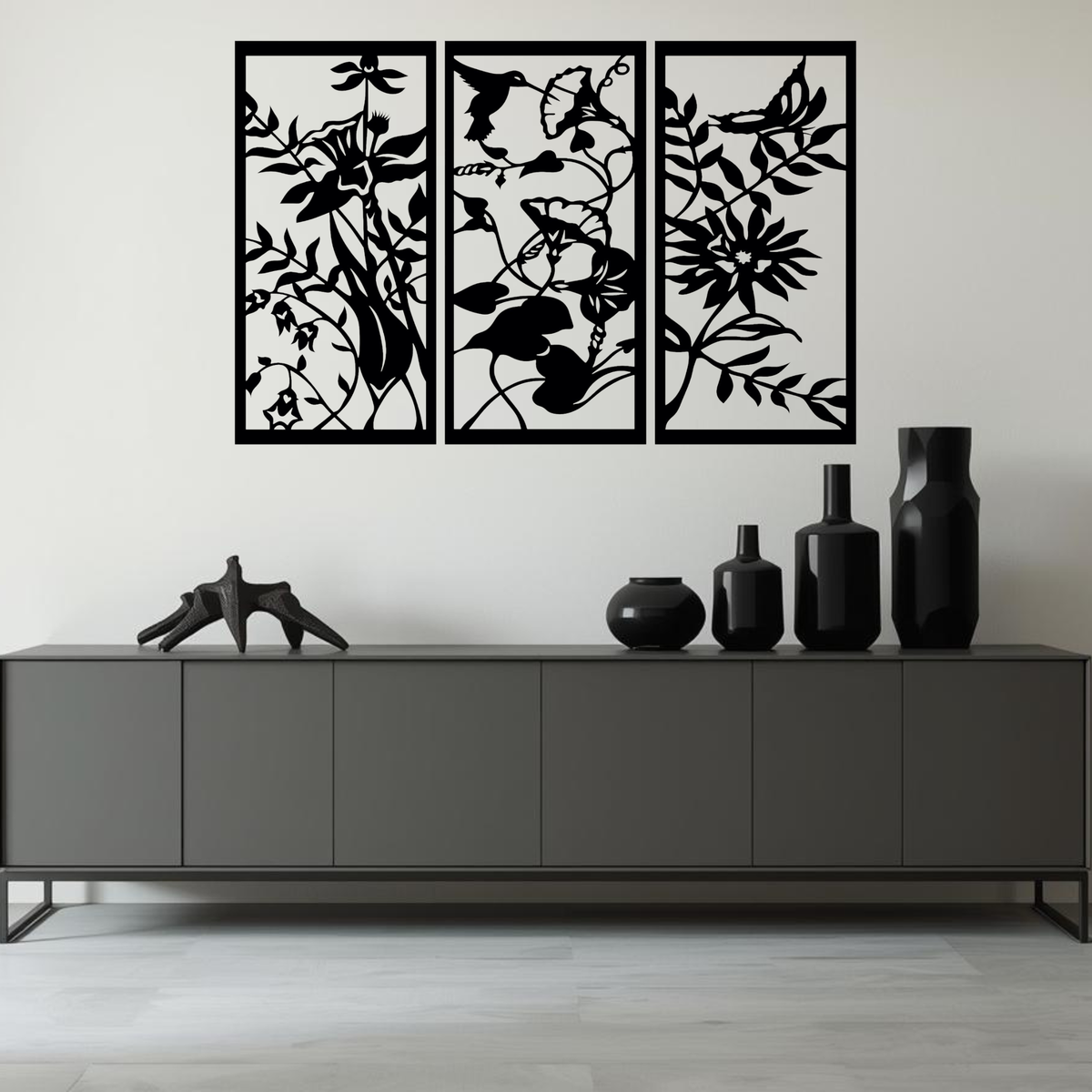Bloemen & Kolibrie 3-delig, houten wanddecoratie met bloemen, vlinder en kolibrie