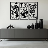 Bloemen & Kolibrie 3-delig, houten wanddecoratie met bloemen, vlinder en kolibrie