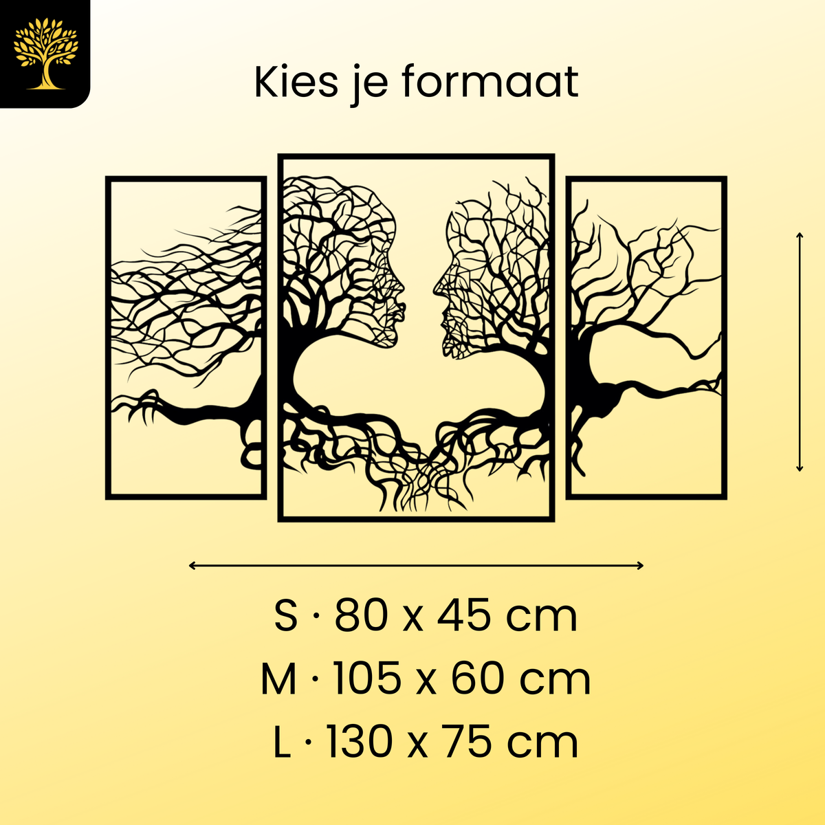 Boomgezichten 3-delig, houten wanddecoratie met twee gezichten in boomtakken
