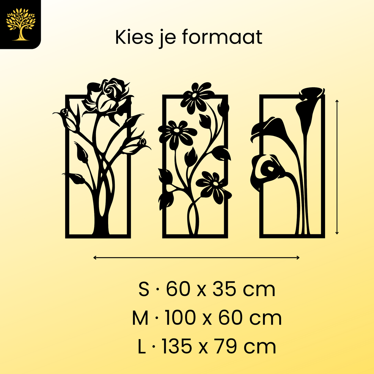 Bloemen 3-delig, houten wanddecoratie met bloemen