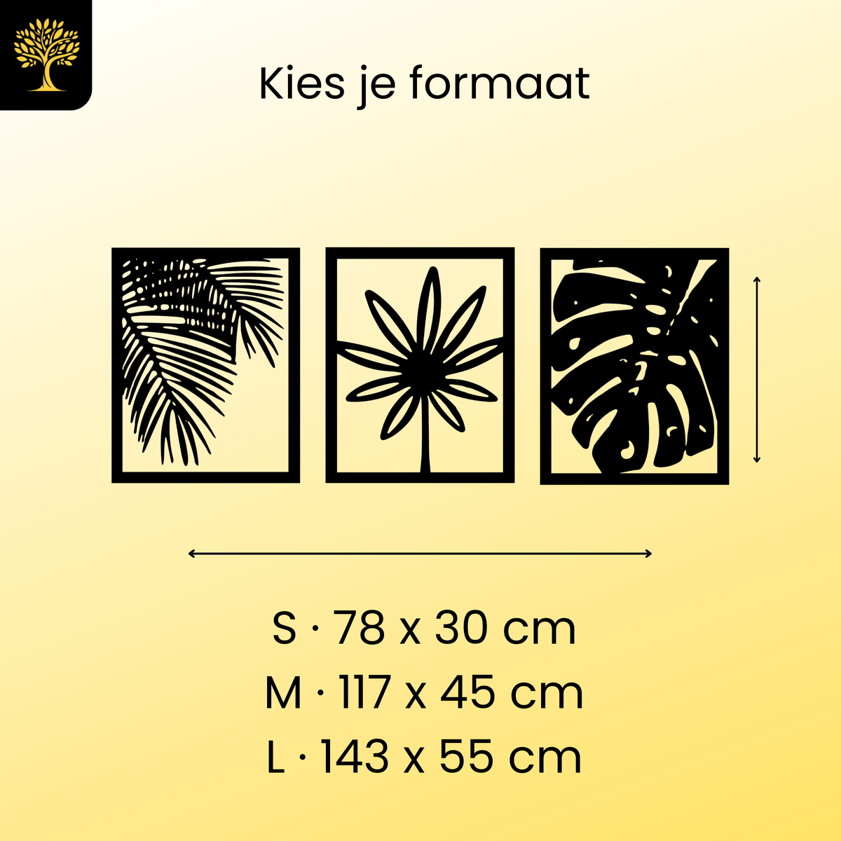 Tropische Planten 3-delig, houten wanddecoratie met palm, bloem en monstera