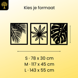 Tropische Planten 3-delig, houten wanddecoratie met palm, bloem en monstera
