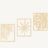 Tropische Planten 3-delig, houten wanddecoratie met palm, bloem en monstera