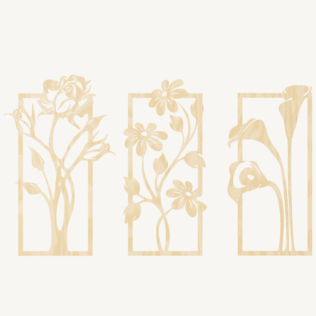 Bloemen 3-delig, houten wanddecoratie met bloemen