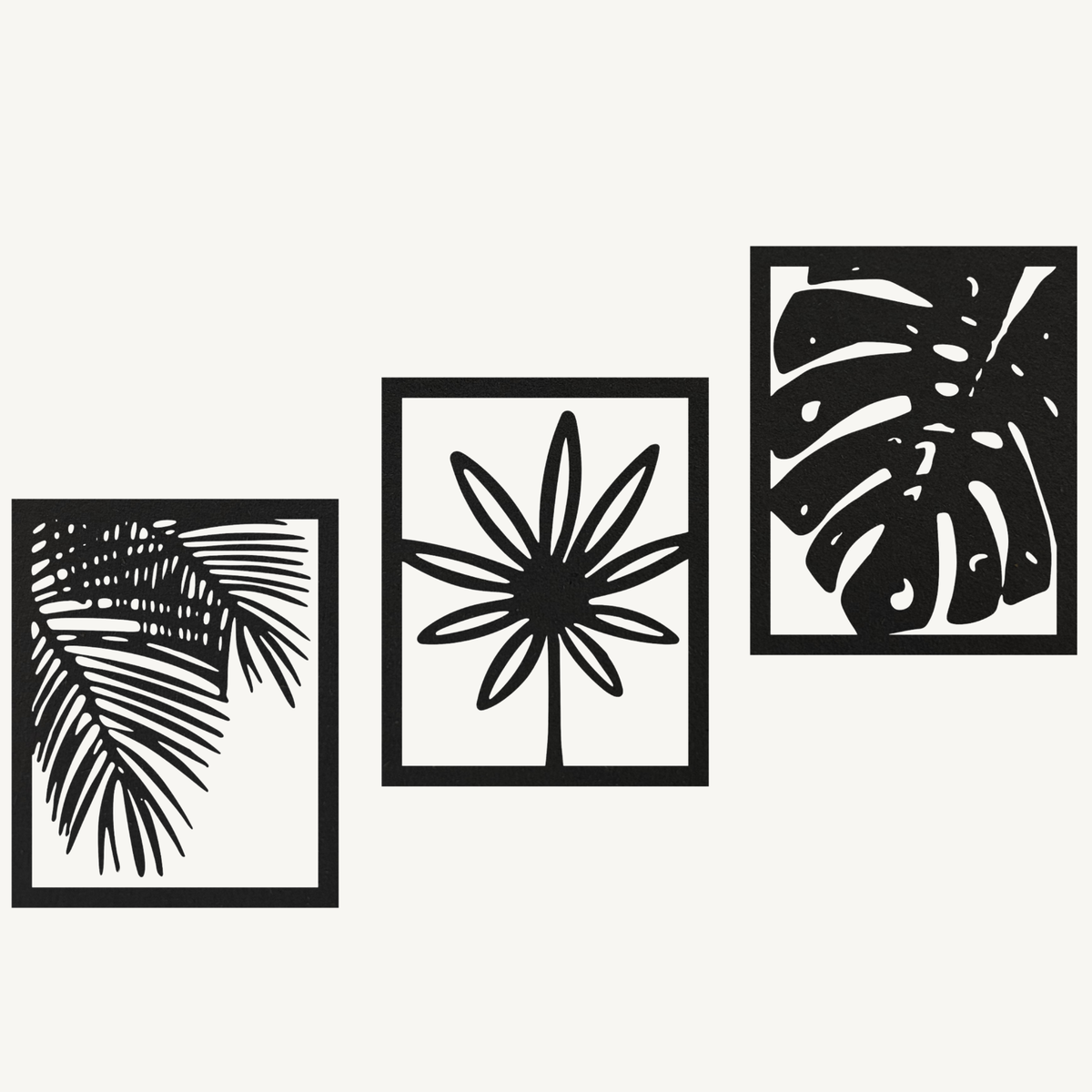 Tropische Planten 3-delig, houten wanddecoratie met palm, bloem en monstera