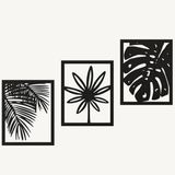Tropische Planten 3-delig, houten wanddecoratie met palm, bloem en monstera
