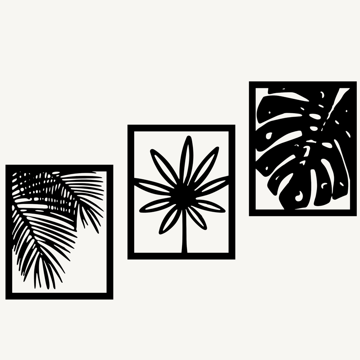 Tropische Planten 3-delig, houten wanddecoratie met palm, bloem en monstera