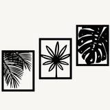 Tropische Planten 3-delig, houten wanddecoratie met palm, bloem en monstera