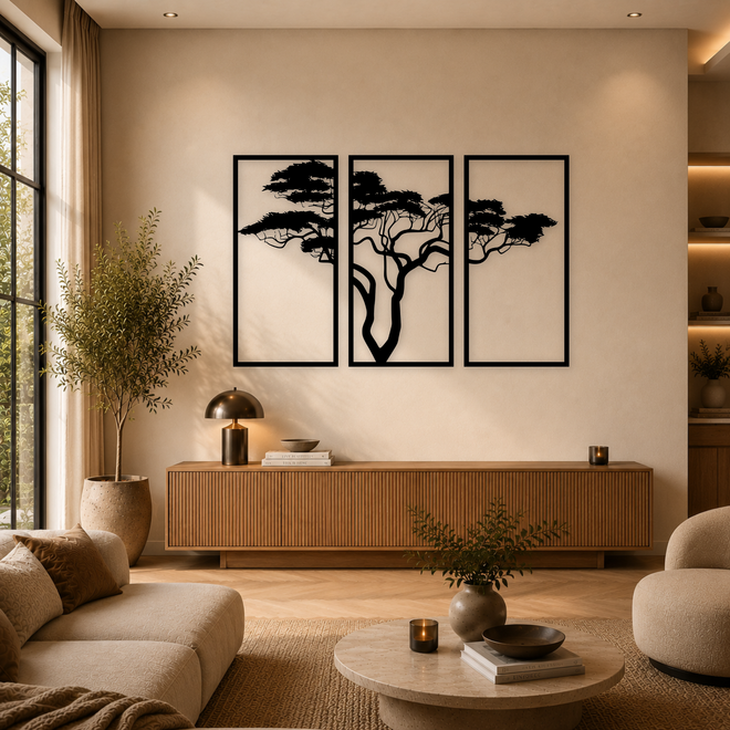 3-delige zwarte houten acacia boom wanddecoratie boven dressoir in moderne woonkamer