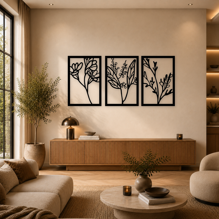 3-delige zwarte houten botanische takken wanddecoratie boven dressoir in moderne woonkamer
