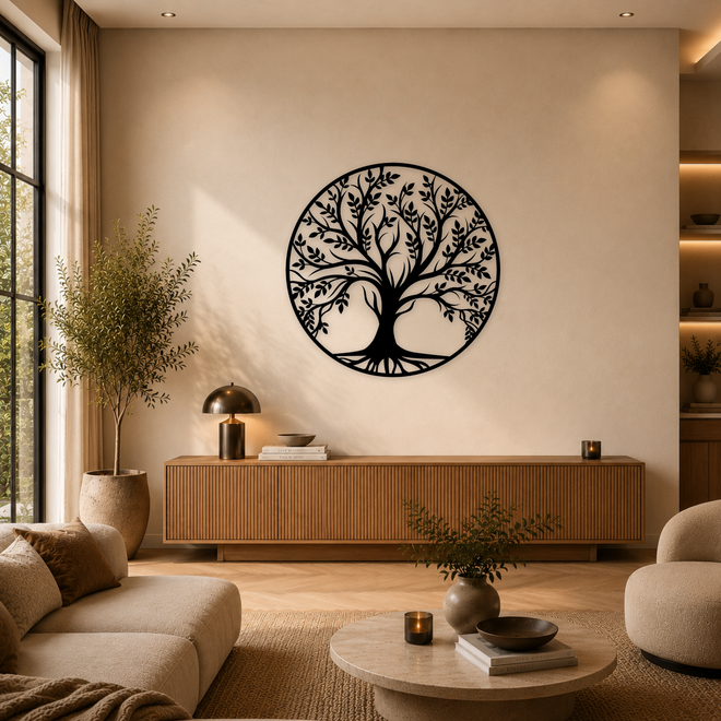 ronde zwarte houten levensboom wanddecoratie met bladeren boven dressoir in moderne woonkamer