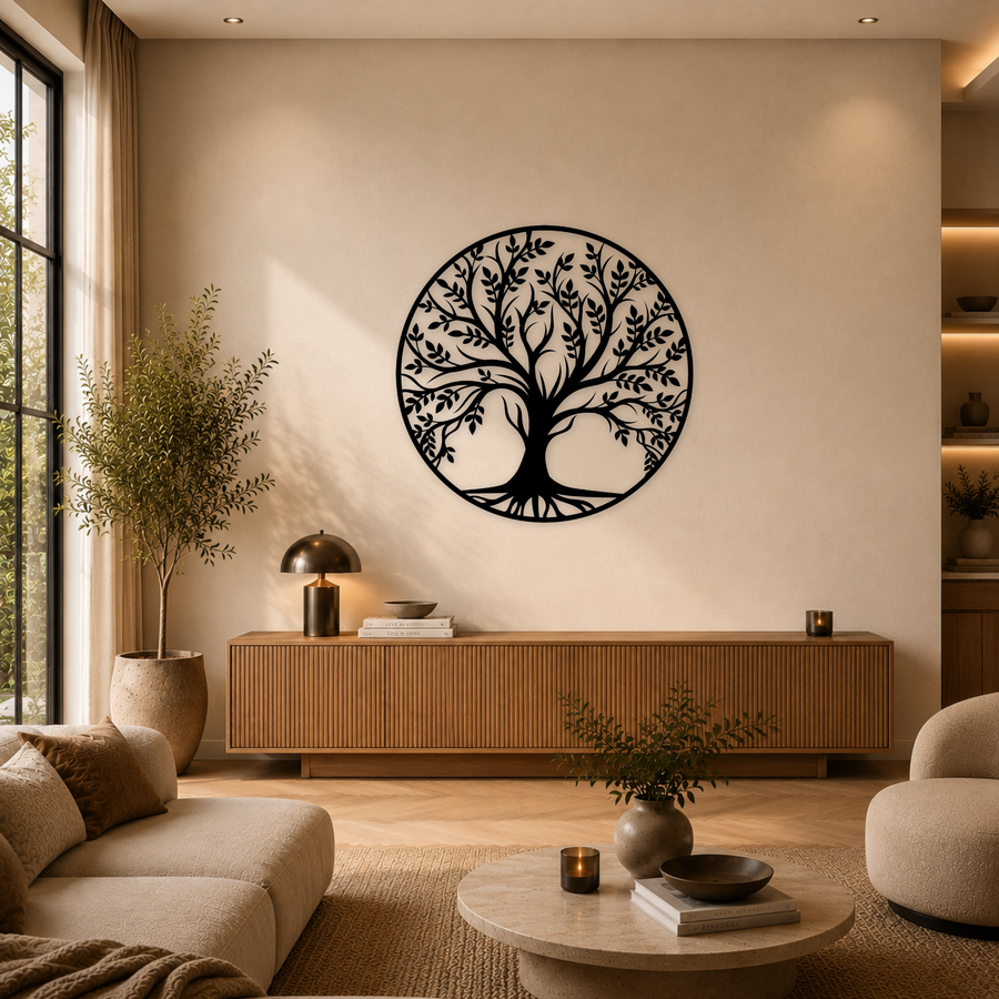 ronde zwarte houten levensboom wanddecoratie met bladeren boven dressoir in moderne woonkamer