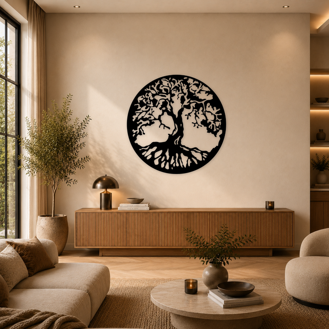 ronde zwarte houten levensboom wanddecoratie boven dressoir in warme moderne woonkamer