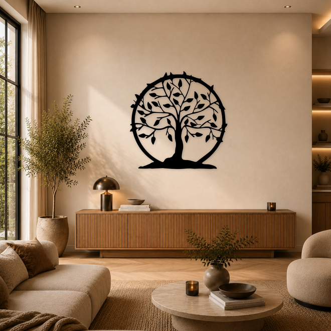ronde zwarte houten levensboom wanddecoratie boven dressoir in warme moderne woonkamer