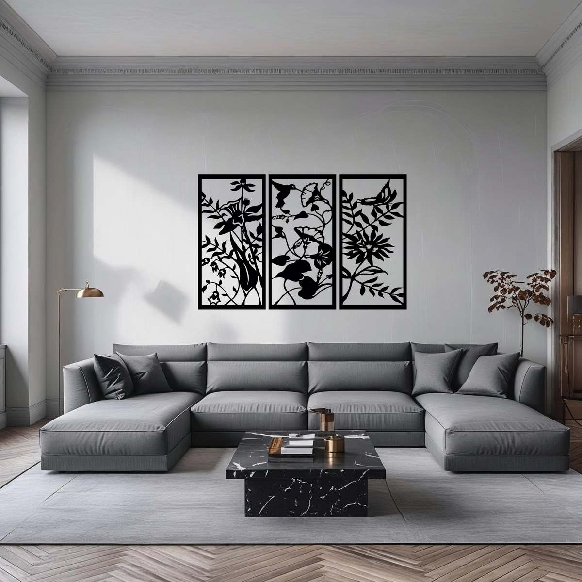 Bloemen & Kolibrie 3-delig, houten wanddecoratie met bloemen, vlinder en kolibrie