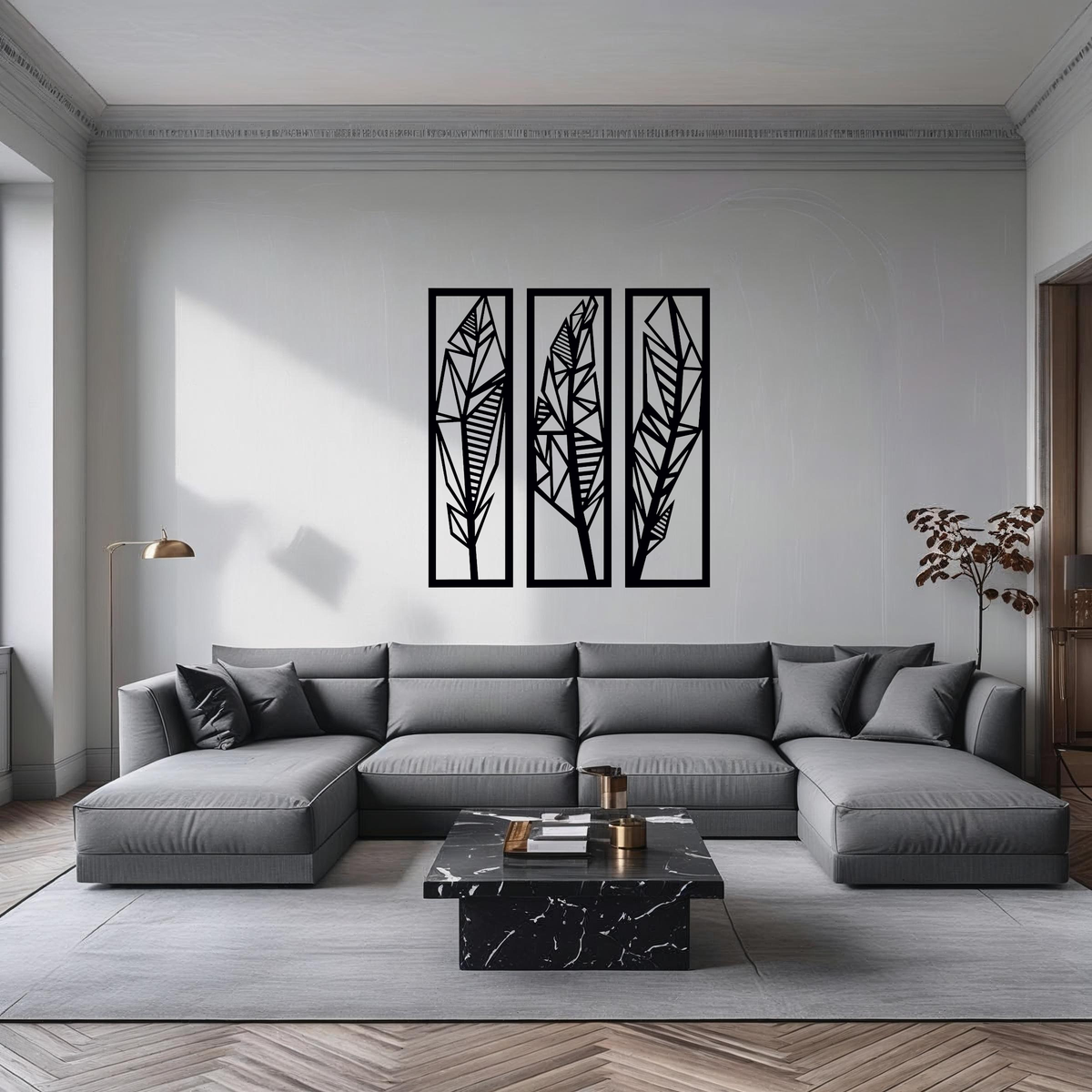 Veren 3-delig, houten wanddecoratie met drie geometrische veren