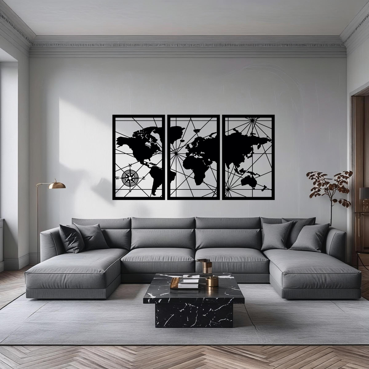 Wereldkaart 3-delig, houten wanddecoratie met wereldkaart en kompasroos