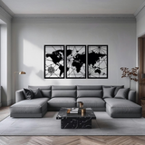 Wereldkaart 3-delig, houten wanddecoratie met wereldkaart en kompasroos