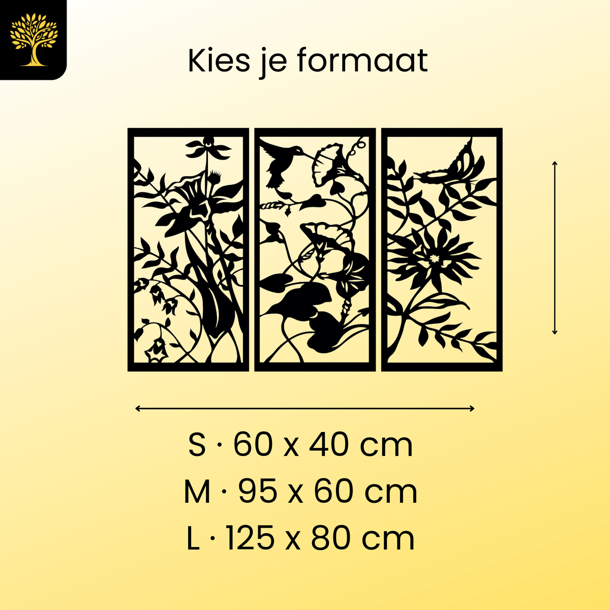 Bloemen & Kolibrie 3-delig, houten wanddecoratie met bloemen, vlinder en kolibrie