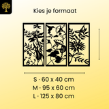 Bloemen & Kolibrie 3-delig, houten wanddecoratie met bloemen, vlinder en kolibrie