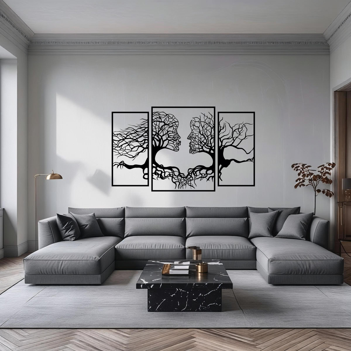 Boomgezichten 3-delig, houten wanddecoratie met twee gezichten in boomtakken