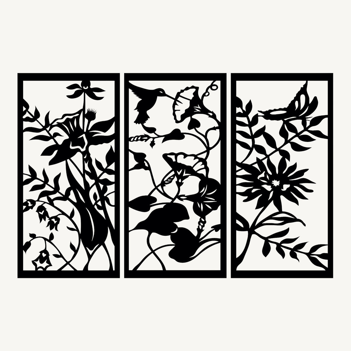 Bloemen & Kolibrie 3-delig, houten wanddecoratie met bloemen, vlinder en kolibrie