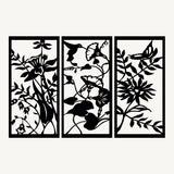 Bloemen & Kolibrie 3-delig, houten wanddecoratie met bloemen, vlinder en kolibrie