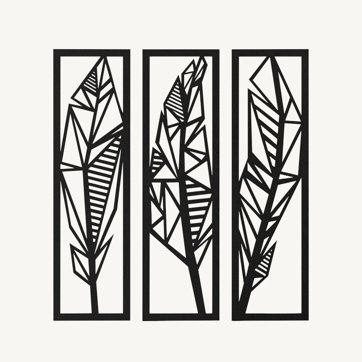 Veren 3-delig, houten wanddecoratie met drie geometrische veren