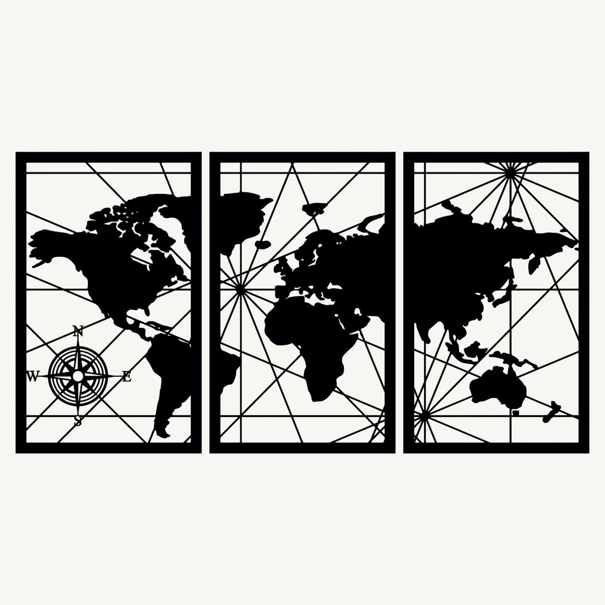 Wereldkaart 3-delig, houten wanddecoratie met wereldkaart en kompasroos
