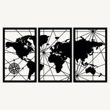 Wereldkaart 3-delig, houten wanddecoratie met wereldkaart en kompasroos