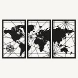 Wereldkaart 3-delig, houten wanddecoratie met wereldkaart en kompasroos