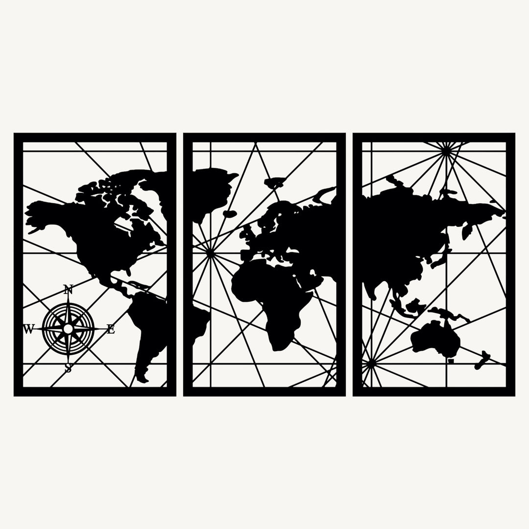 Wanddecoratie Wereldkaart 3-delig – zwart RAL 9005, 9 mm populieren multiplex