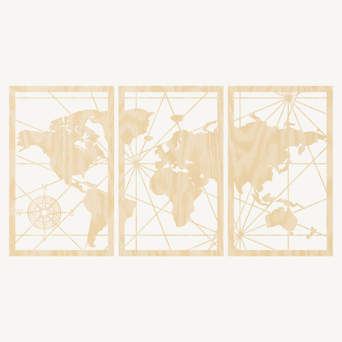 Wereldkaart 3-delig, houten wanddecoratie met wereldkaart en kompasroos