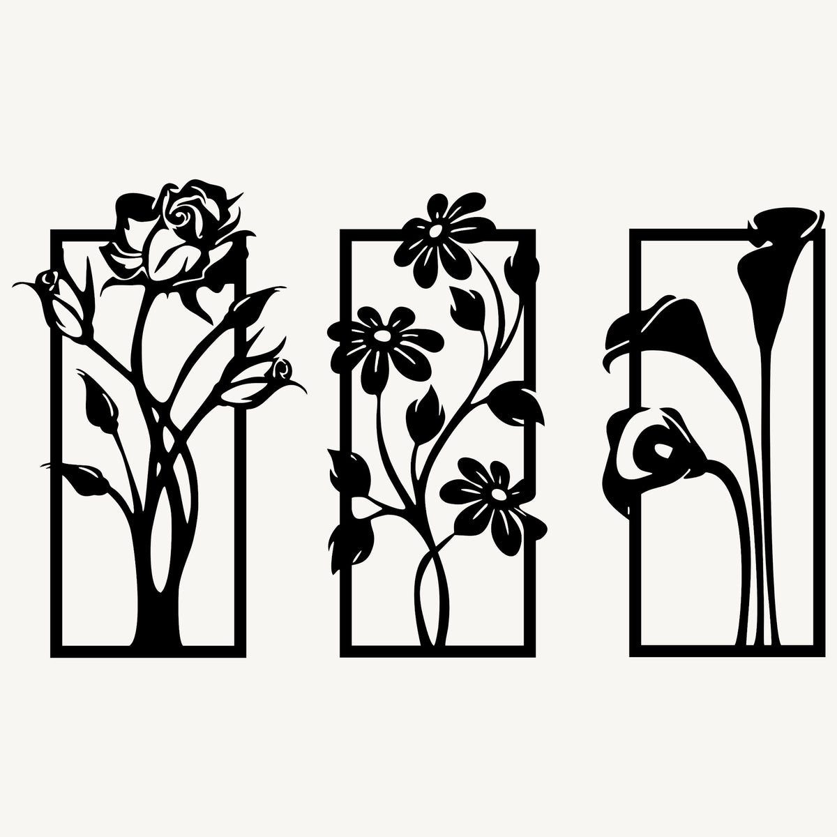 Bloemen 3-delig, houten wanddecoratie met bloemen