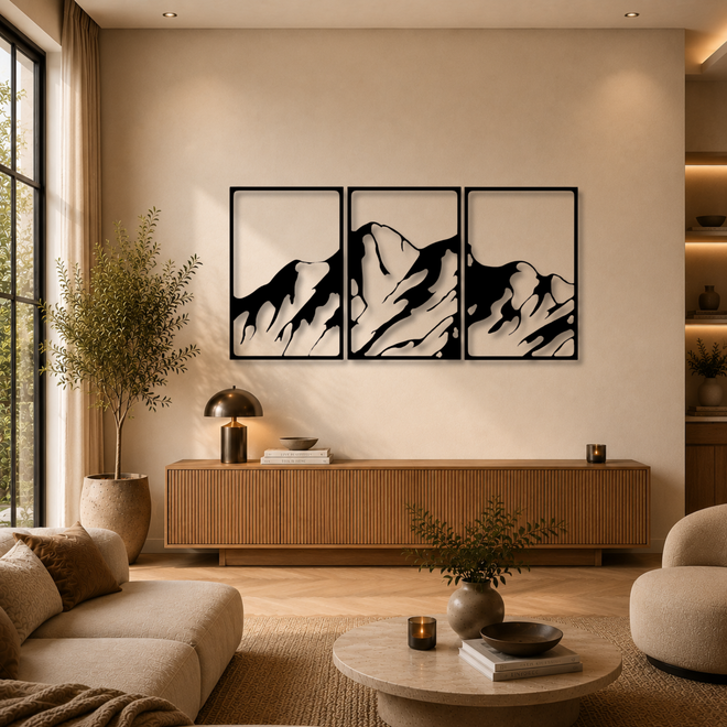 Zwarte houten berglandschap wanddecoratie boven houten dressoir in warme woonkamer