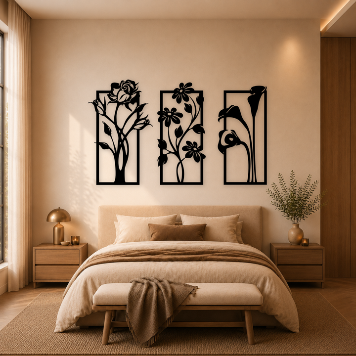 3-delige zwarte houten geometrische bladeren wanddecoratie boven bed in warme slaapkamer