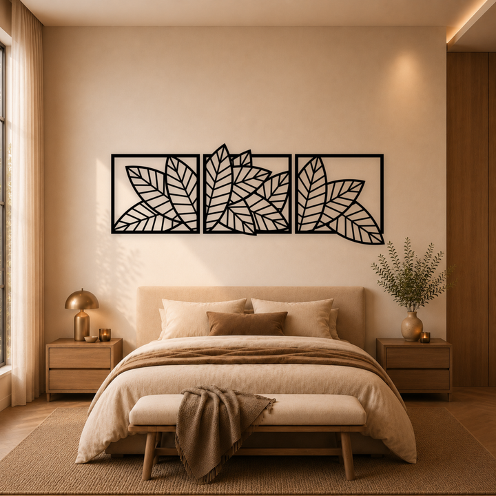 3-delige zwarte houten geometrische bladeren wanddecoratie boven bed in warme slaapkamer