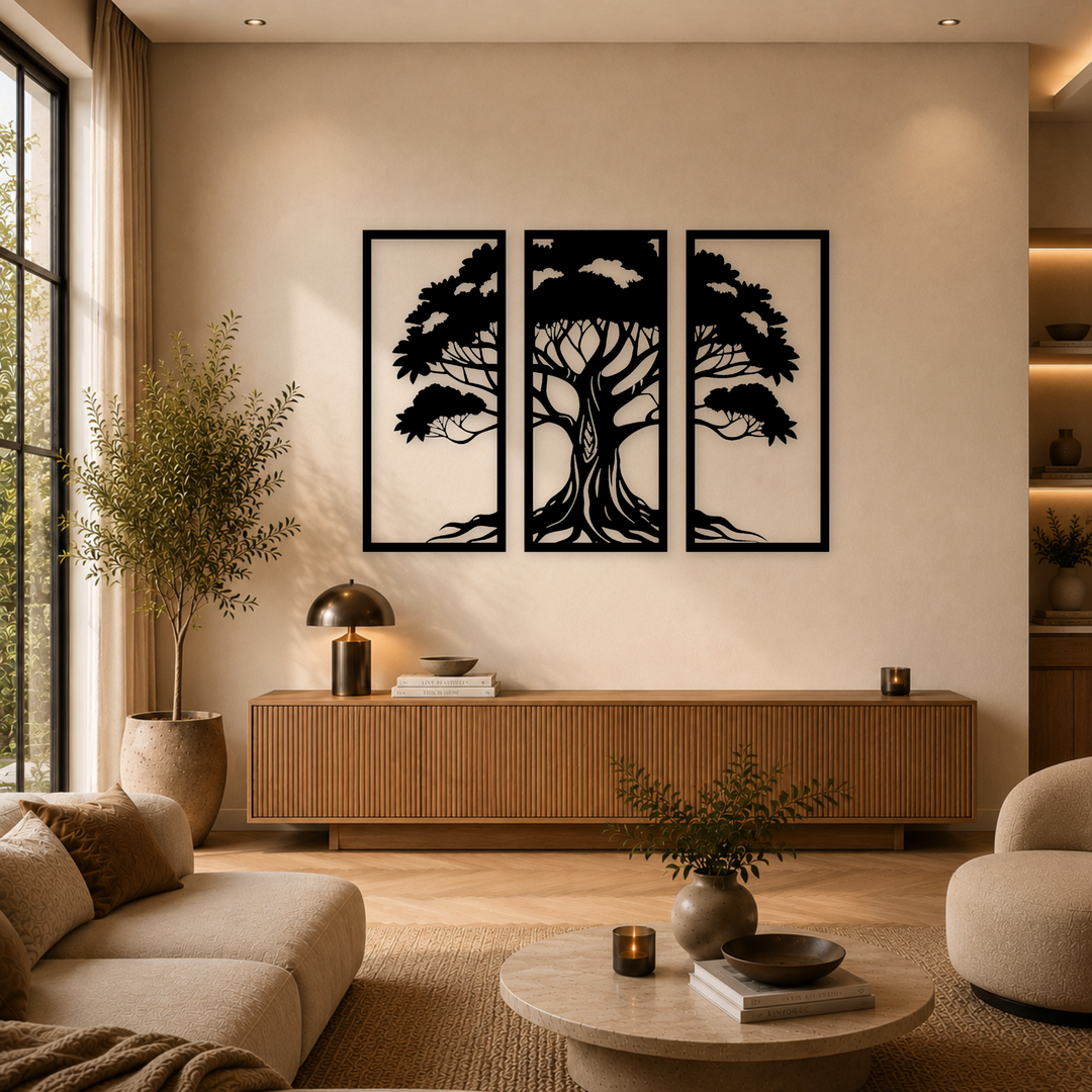 3-delige zwarte houten levensboom wanddecoratie boven dressoir in warme woonkamer